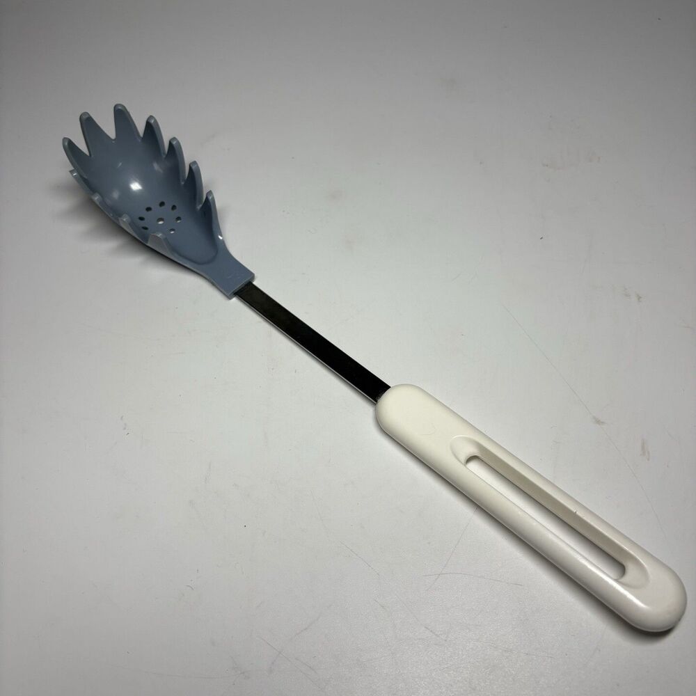 Vintage BONNY Slotted Pasta Server Spaghetti Spoon Blue White Utensil
